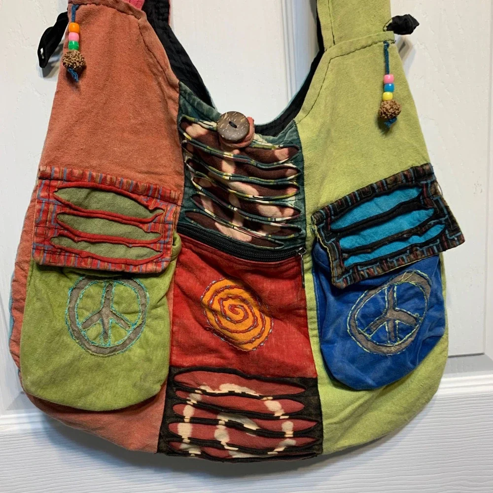 Bohemian Patchwork Hobo Bag Large Multi-Color Peace Sign Hippie Festival Hobo